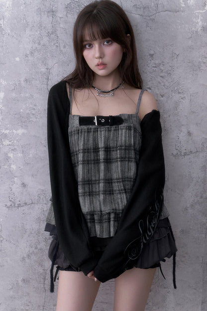 Black Gray Plaid Balloon Suspender Cover-Up Set