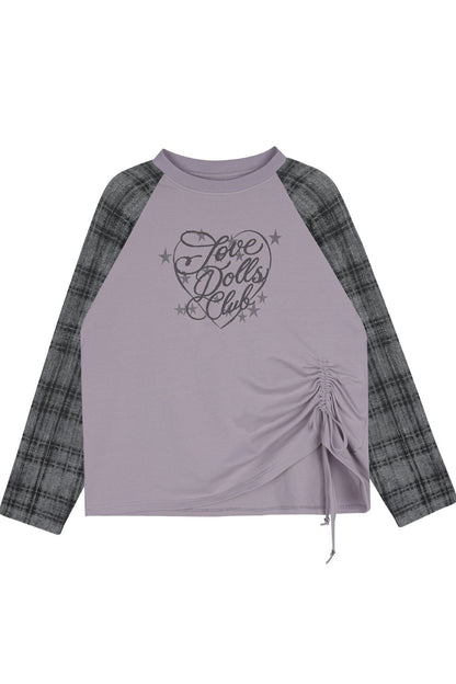 Gray-Purple Printed Raglan Drawstring T-Shirt and Skirt Set-Up