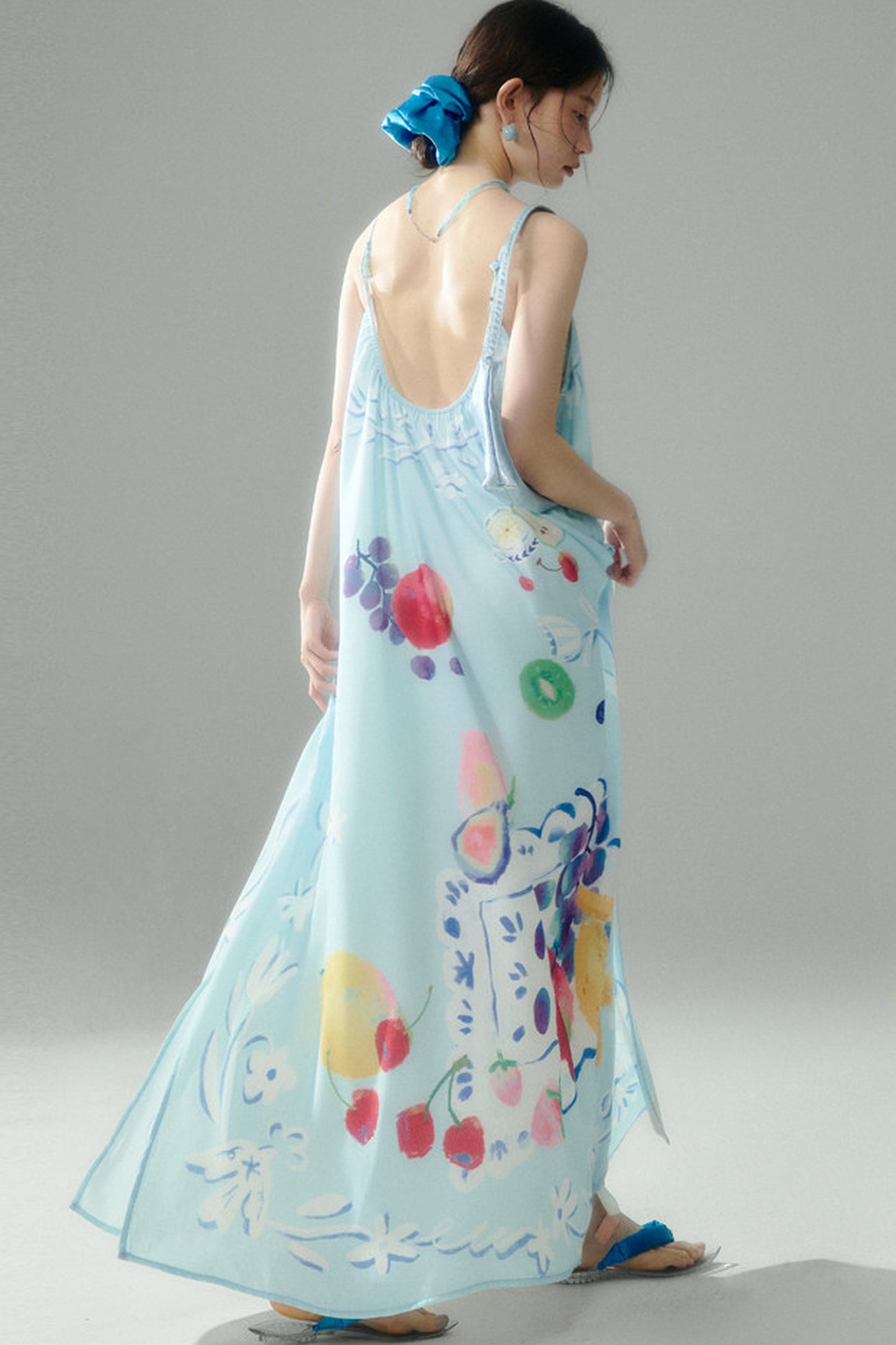 Hand-Painted Fruit Print Slip Dress