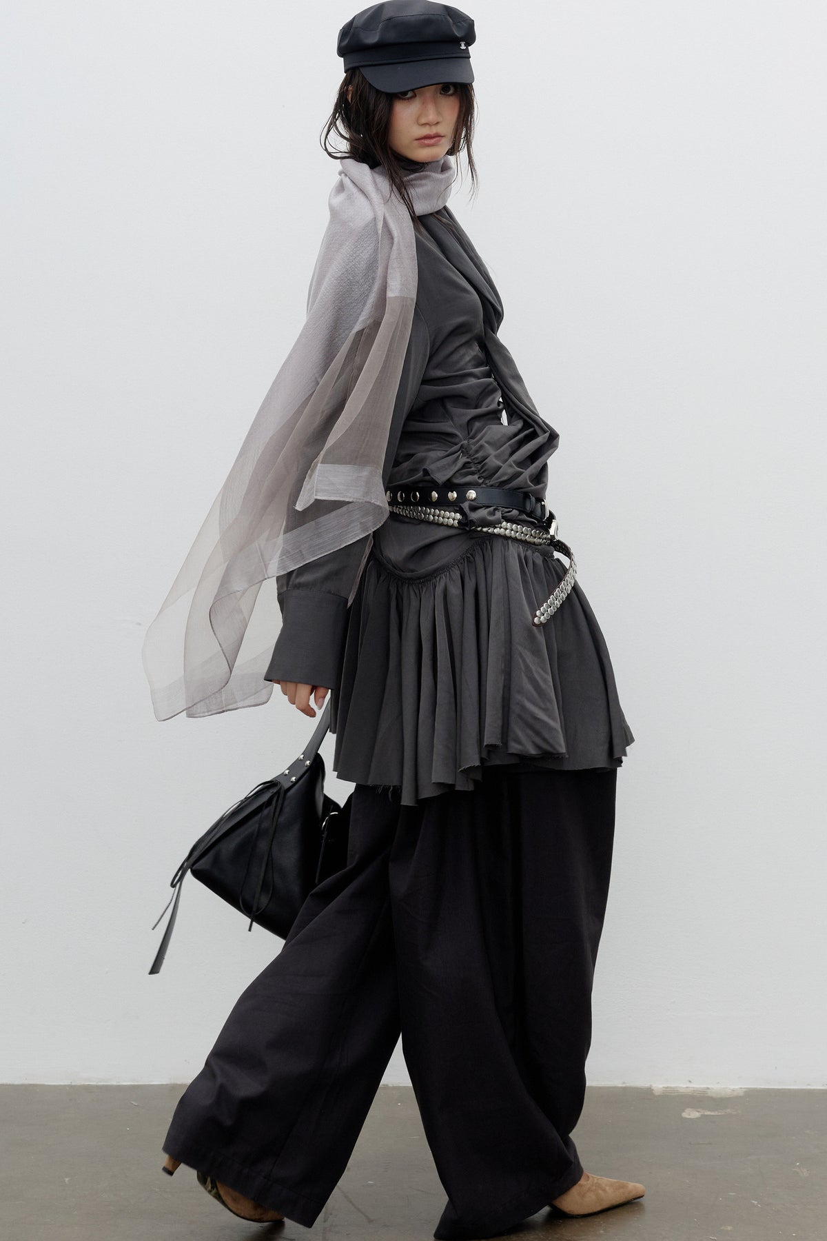 Sculpture-Style Pleated Asymmetrical Ruffle Hem Shirt Dress