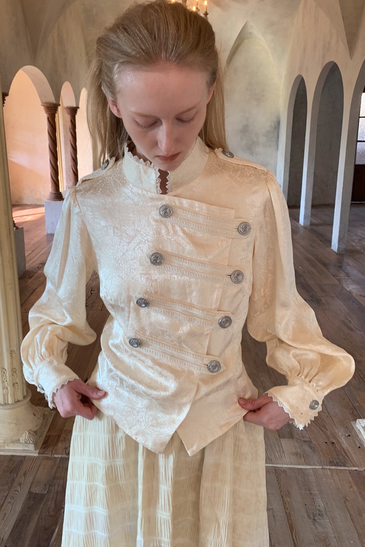 Beige Lace Stand Collar Jacket