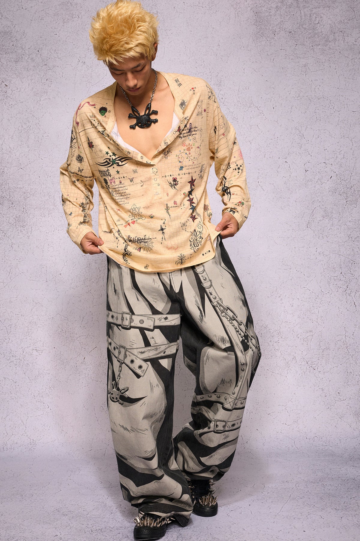 Manuscript Print Long Sleeve Open Front Shirt