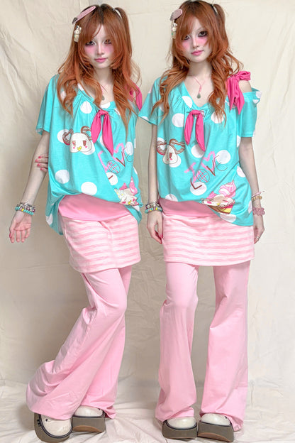 Pink Striped Fold-Over Waist Skirt Pants