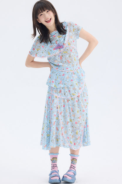 Ensemble haut en dentelle et jupe à carreaux bleus avec imprimé lapin
