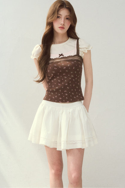 Floral Patchwork Lace Strap Puff Sleeve Top