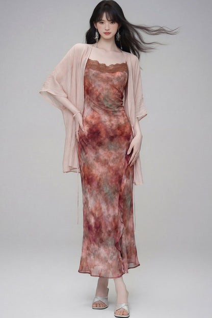 Gradient Print Suspender Dress with Cardigan Set-Up