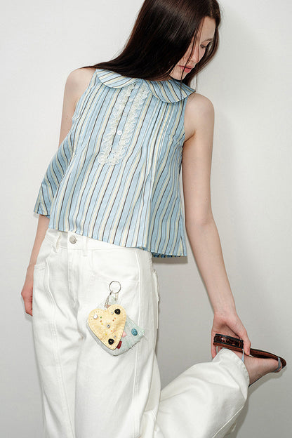 Blue Striped Doll Collar Lace Trim Tank Top