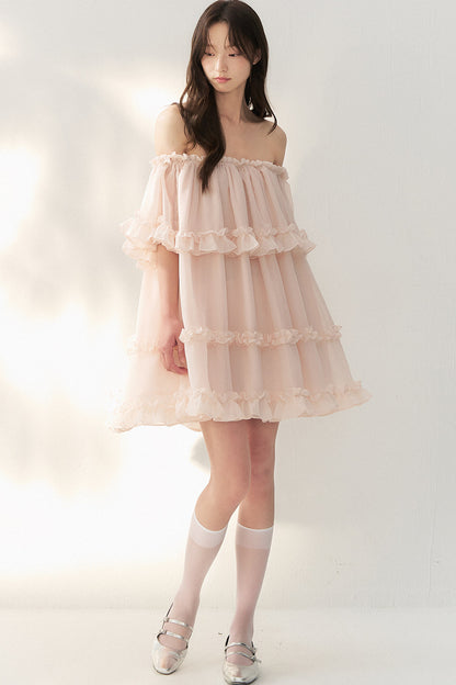 One-Shoulder Smoky Pink Tulle Lace Dress