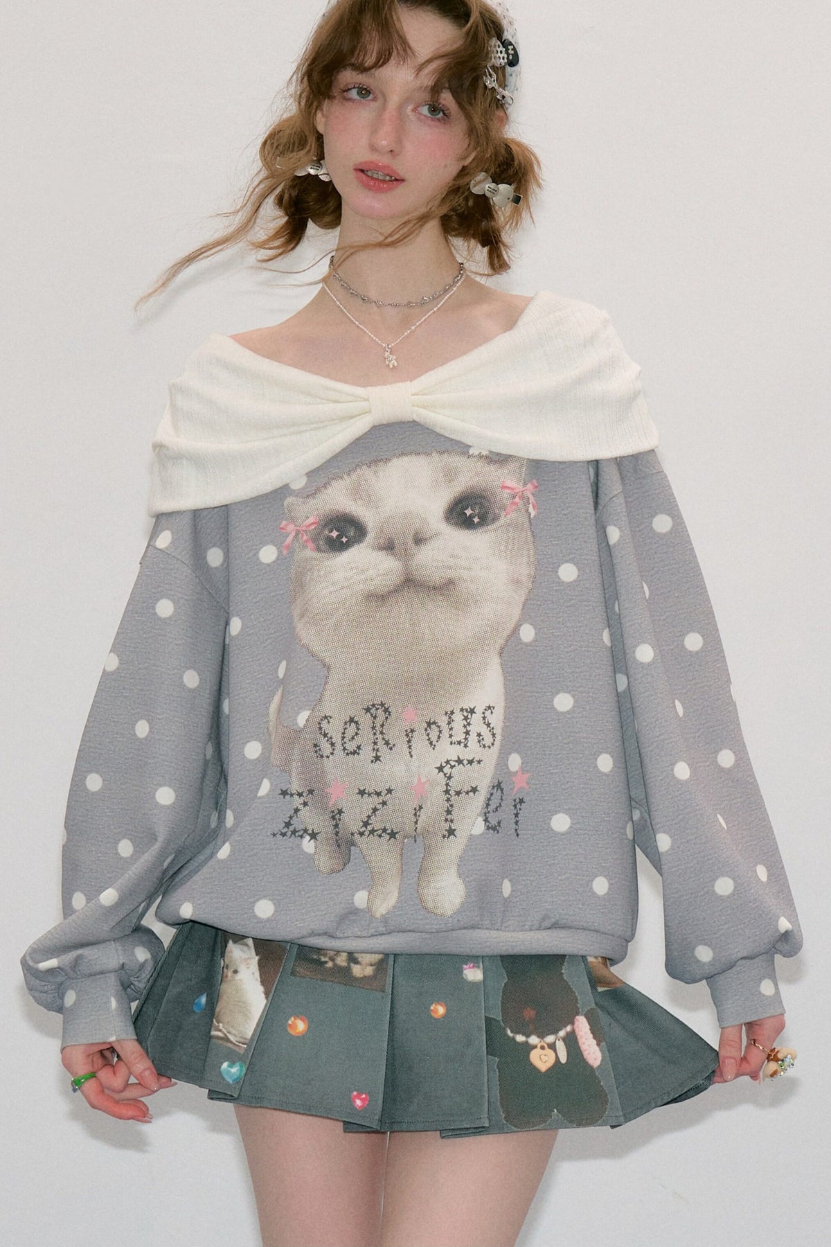 Cat Print Polka Dot Sweatshirt