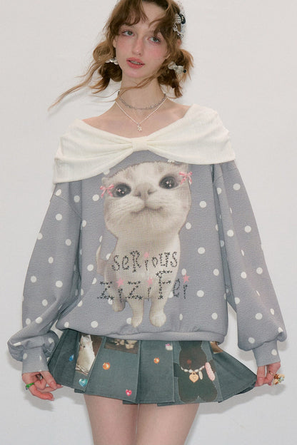 Cat Print Polka Dot Sweatshirt