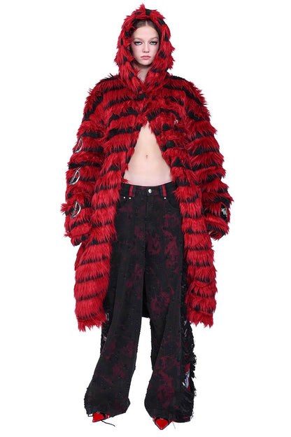 Oversized Silhouette Black Red Fur Coat