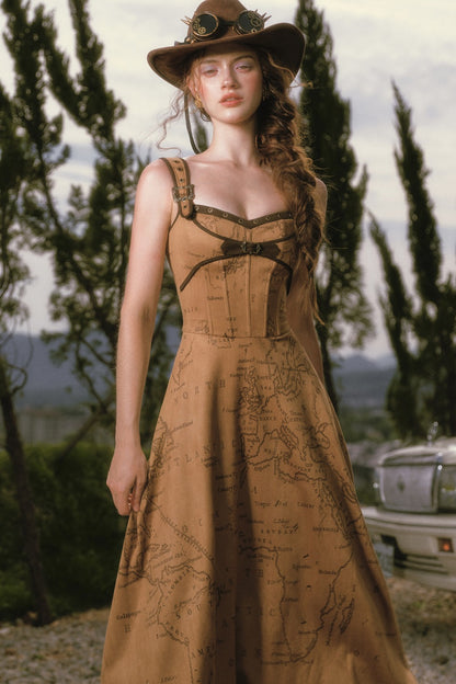 Gibraltar Map Boned Suspender Long Dress