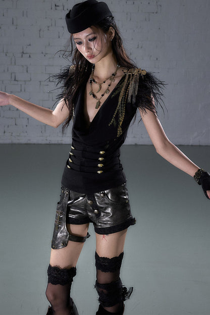 Gold Foil Feather Fringe Vest