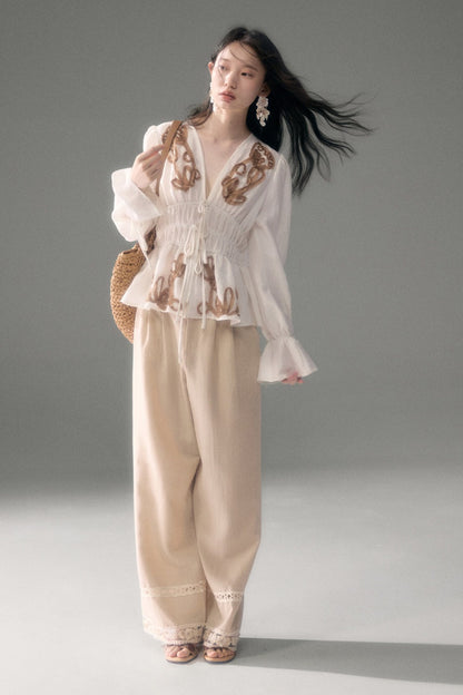 3D Tulip Floral Tencel Linen Blouse