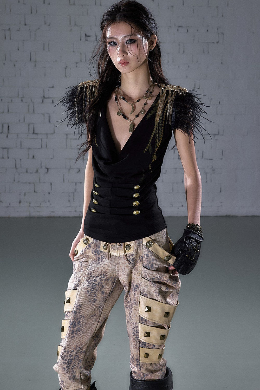 Gold Foil Feather Fringe Vest