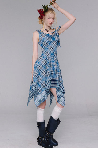 Irregular Blue Plaid Camisole Dress