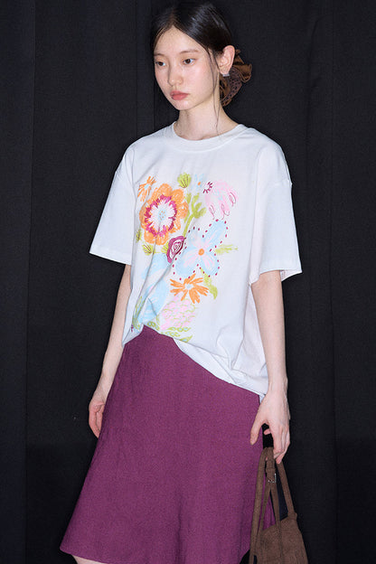 Hand-Painted Floral Bird Embroidered T-Shirt