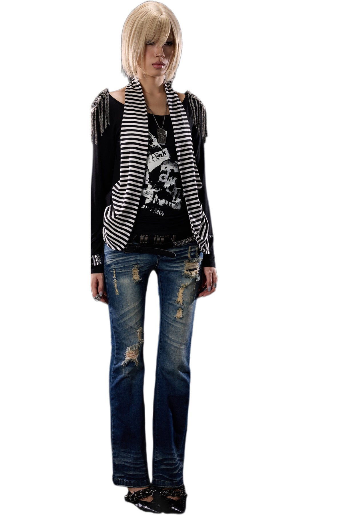 Distressed Cross-Studded Flared Jeans