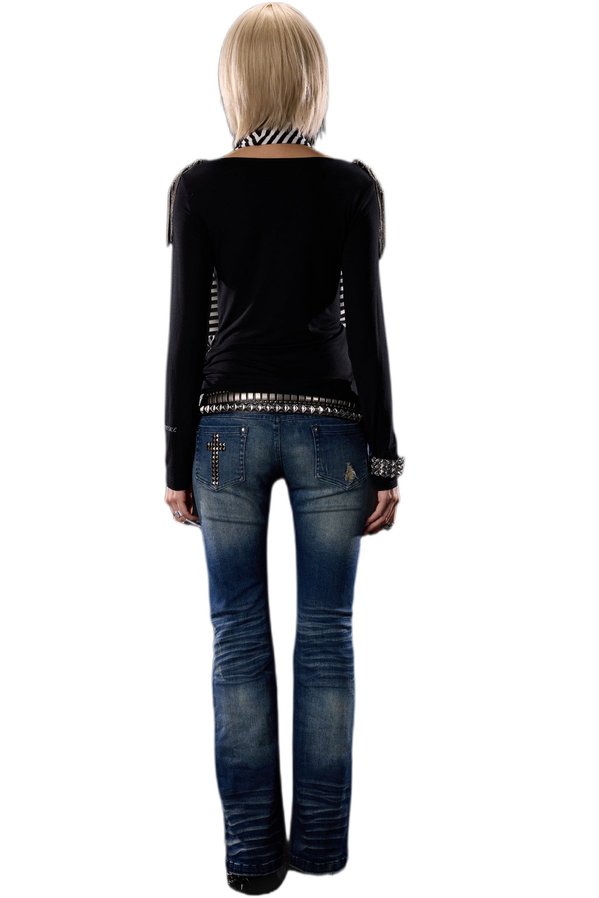 Distressed Cross-Studded Flared Jeans