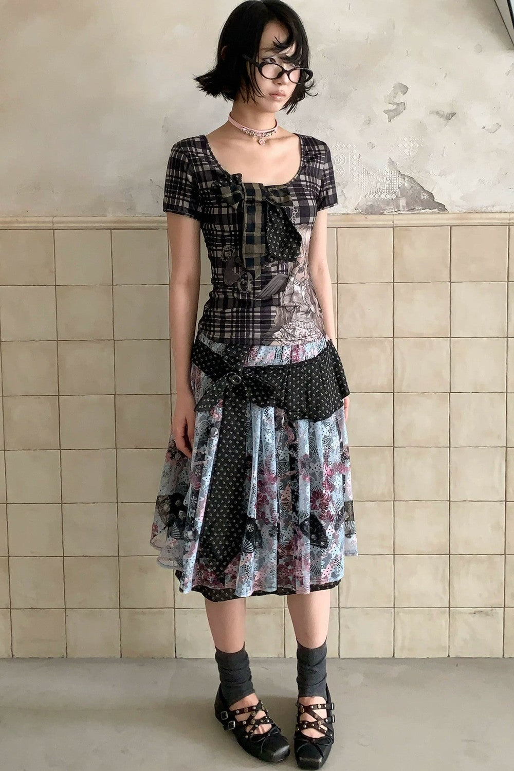 Cartoon Plaid Tie Top