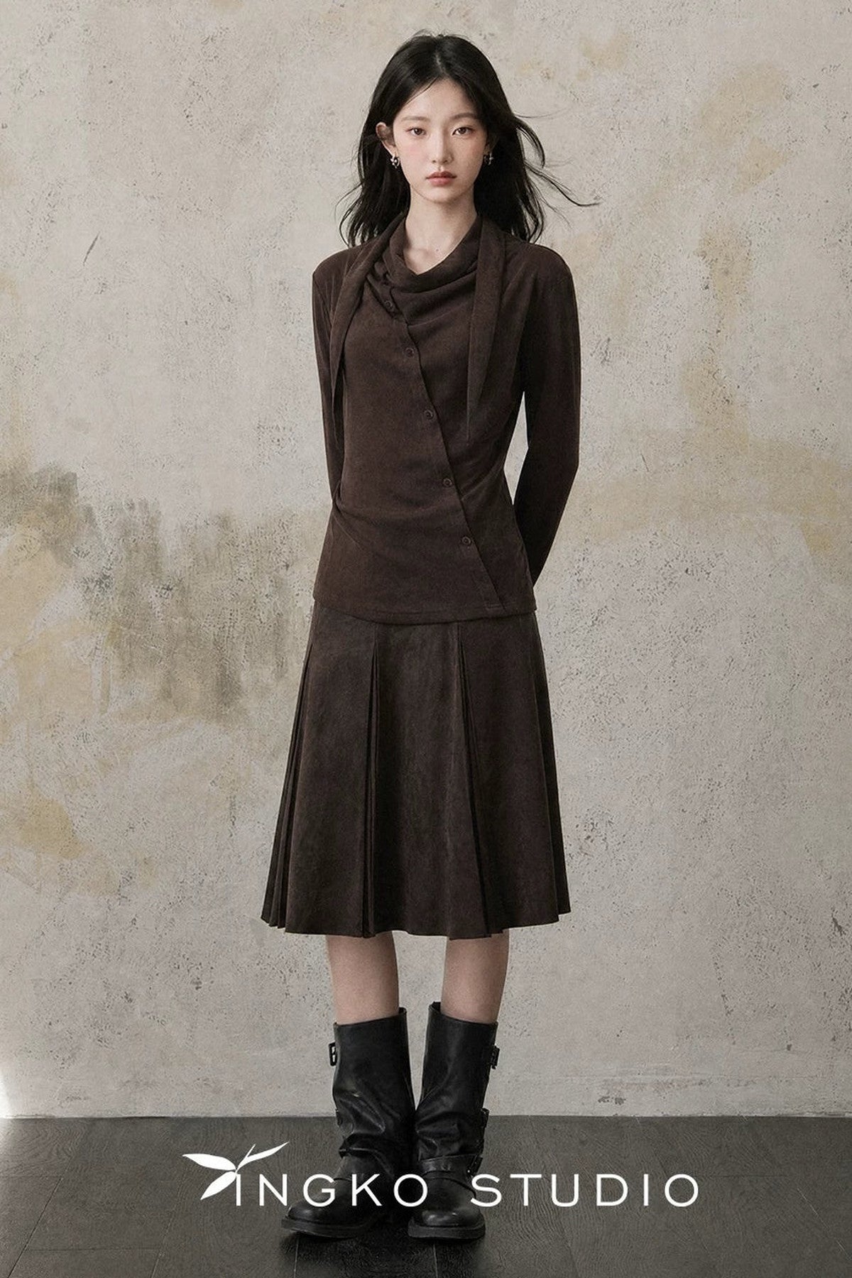 Asymmetrical Collar Coffee T-Shirt