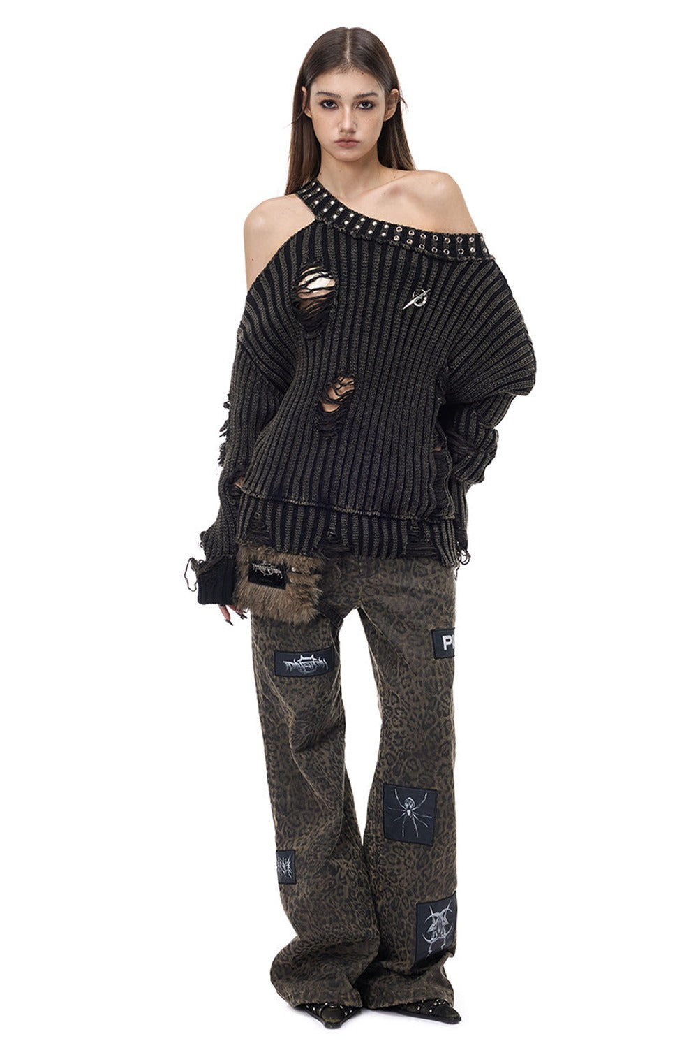 Black Metal Rivet Distressed Sweater