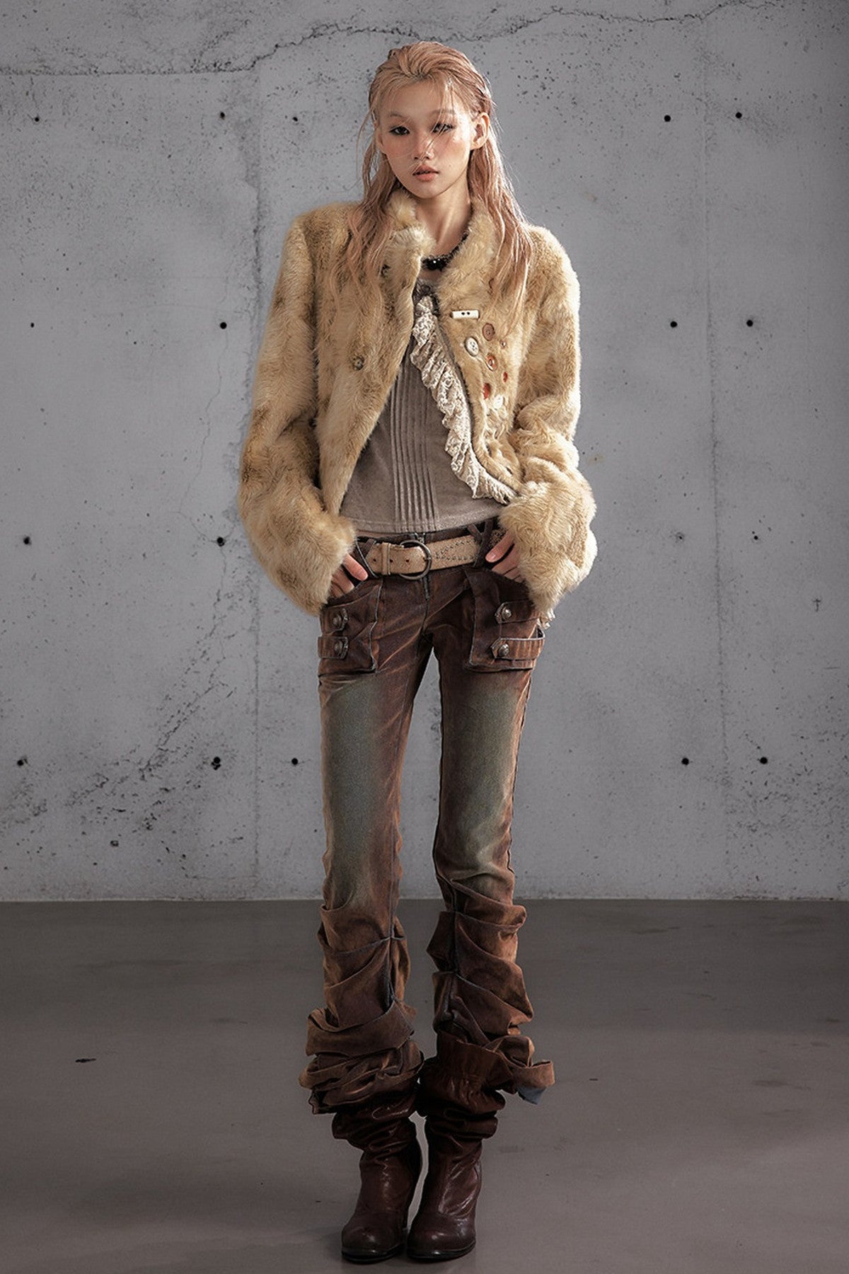 Punk Flocked Ruched Low-Waist Curved Leg Jeans