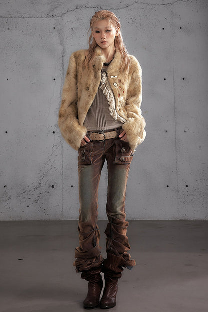 Punk Flocked Ruched Low-Waist Curved Leg Jeans