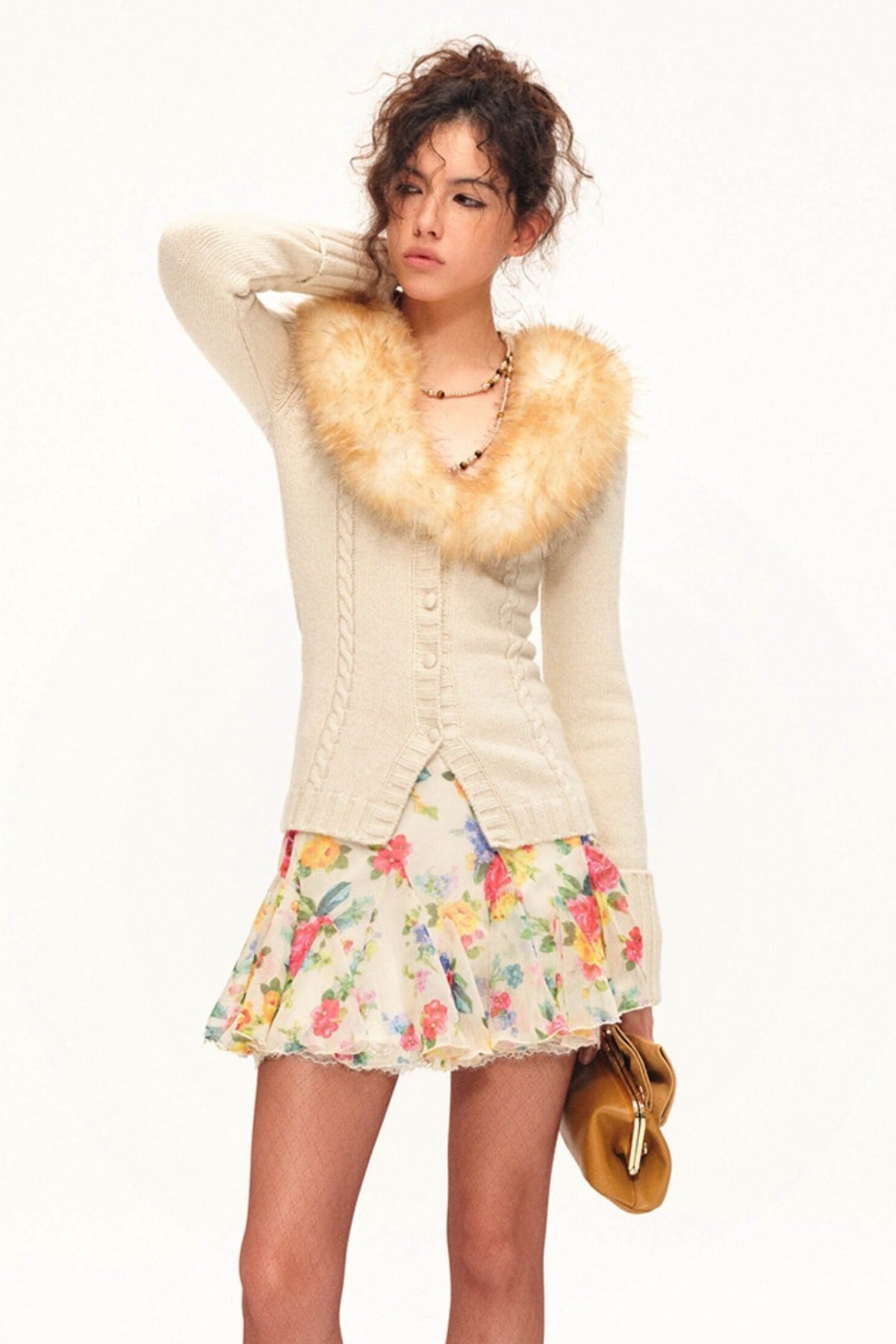 Printed Wool Knit Cardigan and Skirt Set-Up