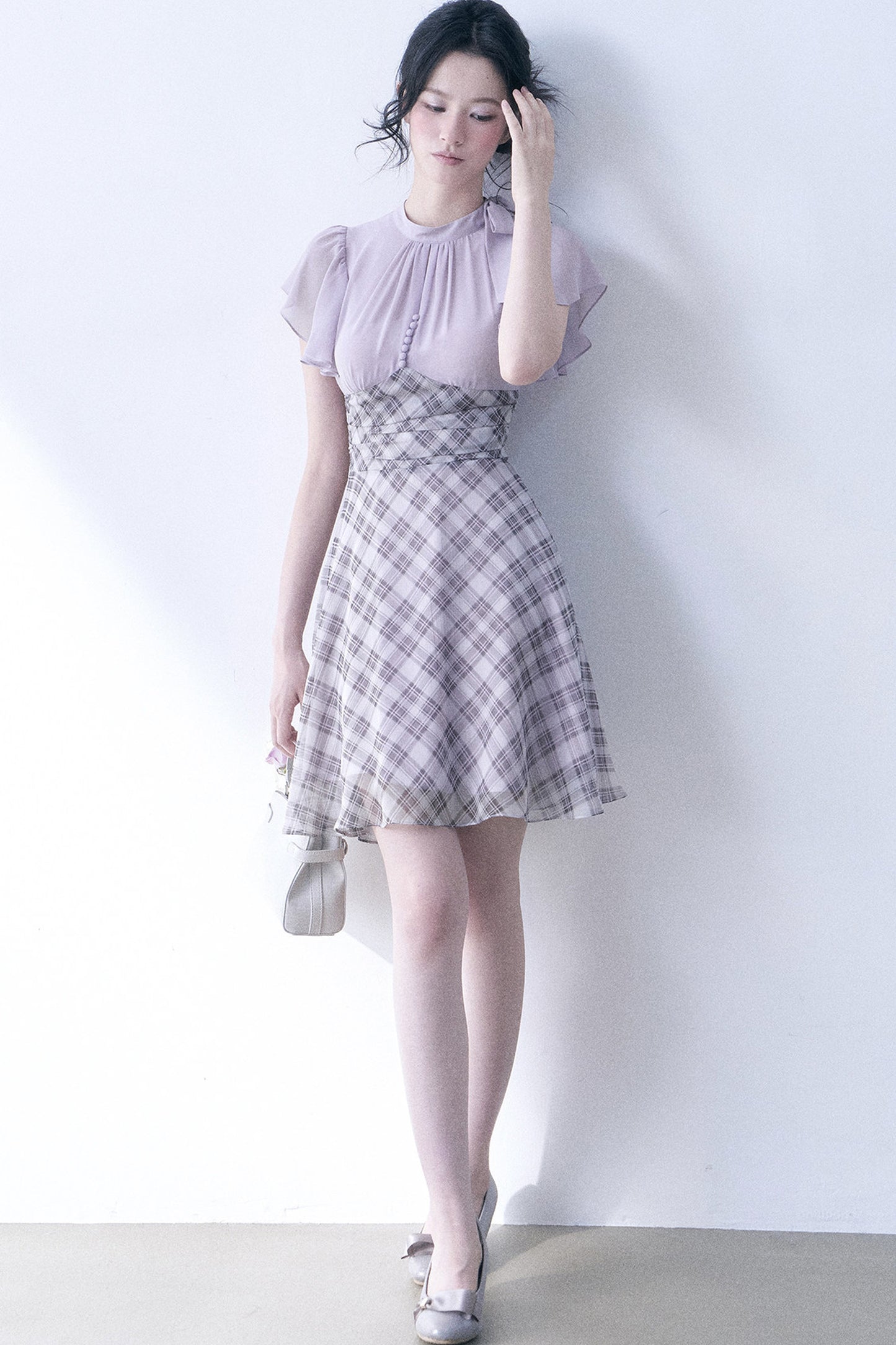 Lavender Plaid Flutter Sleeve Dress