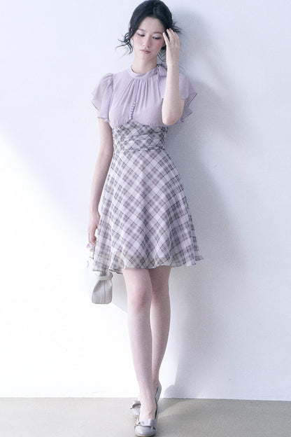 Lavender Plaid Flutter Sleeve Dress