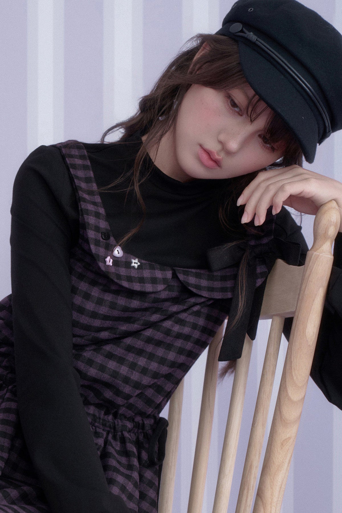 Retro Plaid Long Sleeve Flower Bud Dress