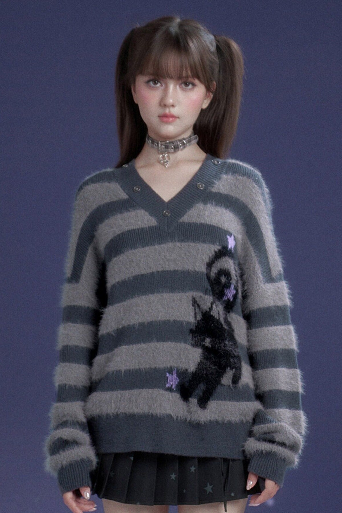 Halloween Meow Black Gray Striped Sweater Set-Up
