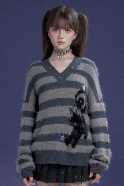 Halloween Meow Black Gray Striped Sweater Set-Up