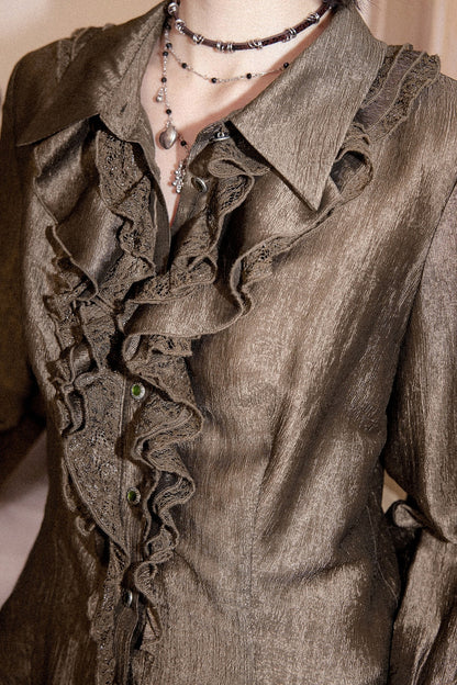 Ruffled Acetate Chiffon Shirt and Skirt Set-Up