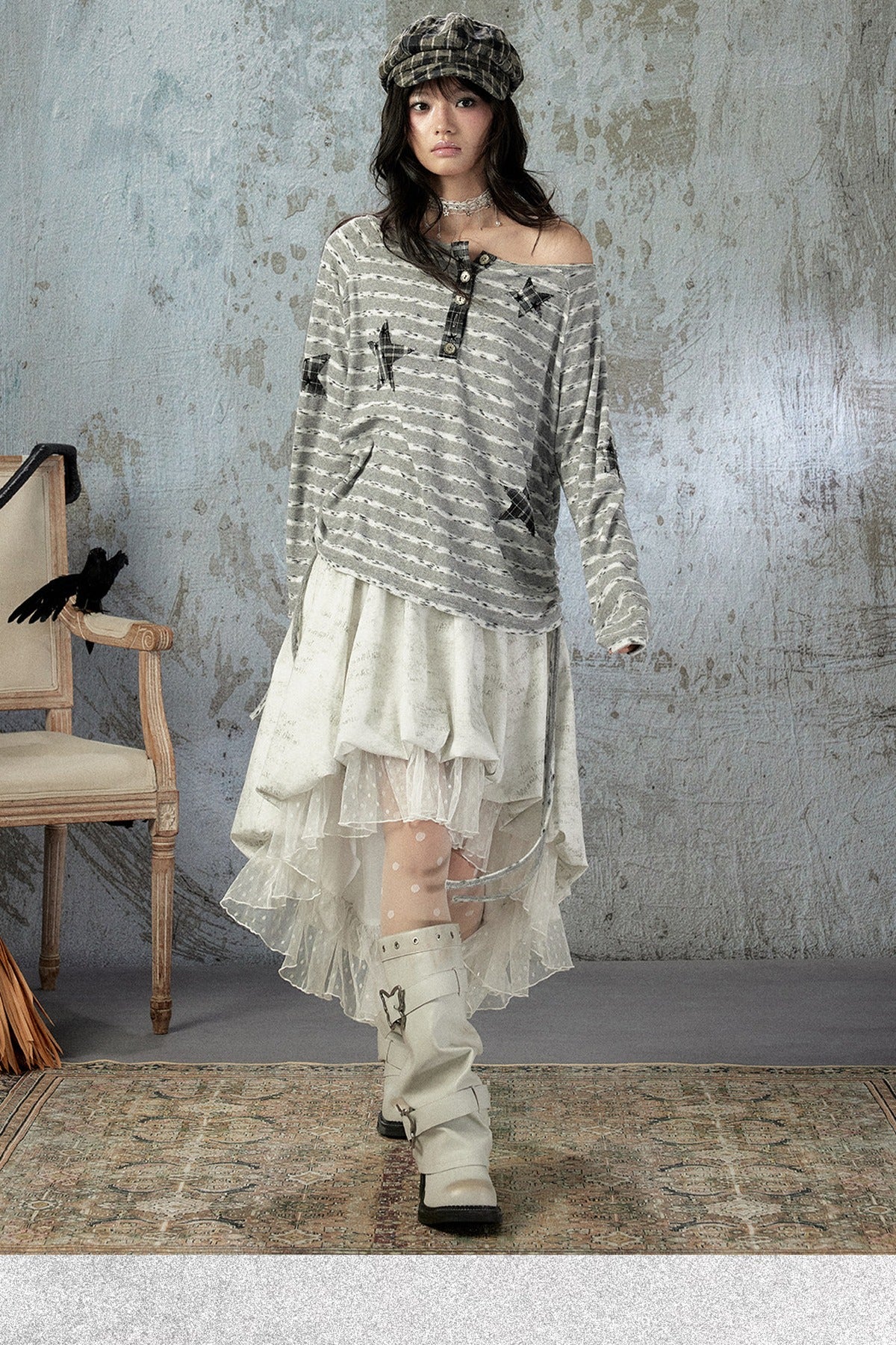 Striped Off-Shoulder Long-Sleeve T-Shirt
