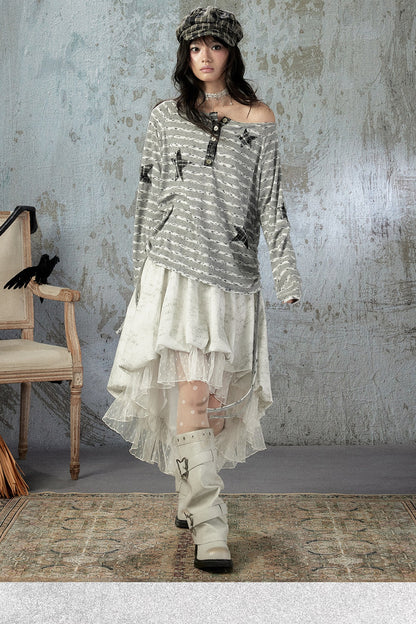 Striped Off-Shoulder Long-Sleeve T-Shirt