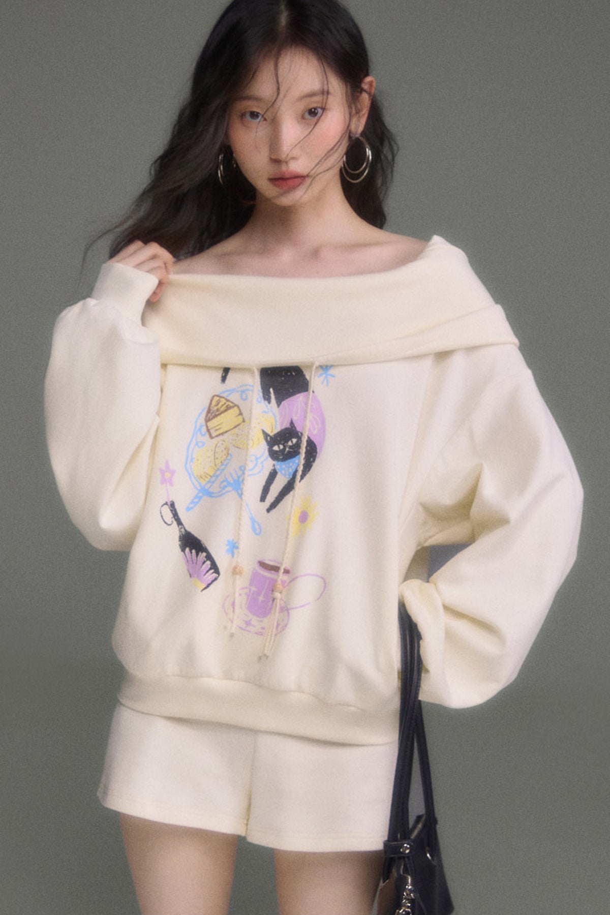 Cat Print Hooded Off-Shoulder Sweatshirt Shorts Set-Up