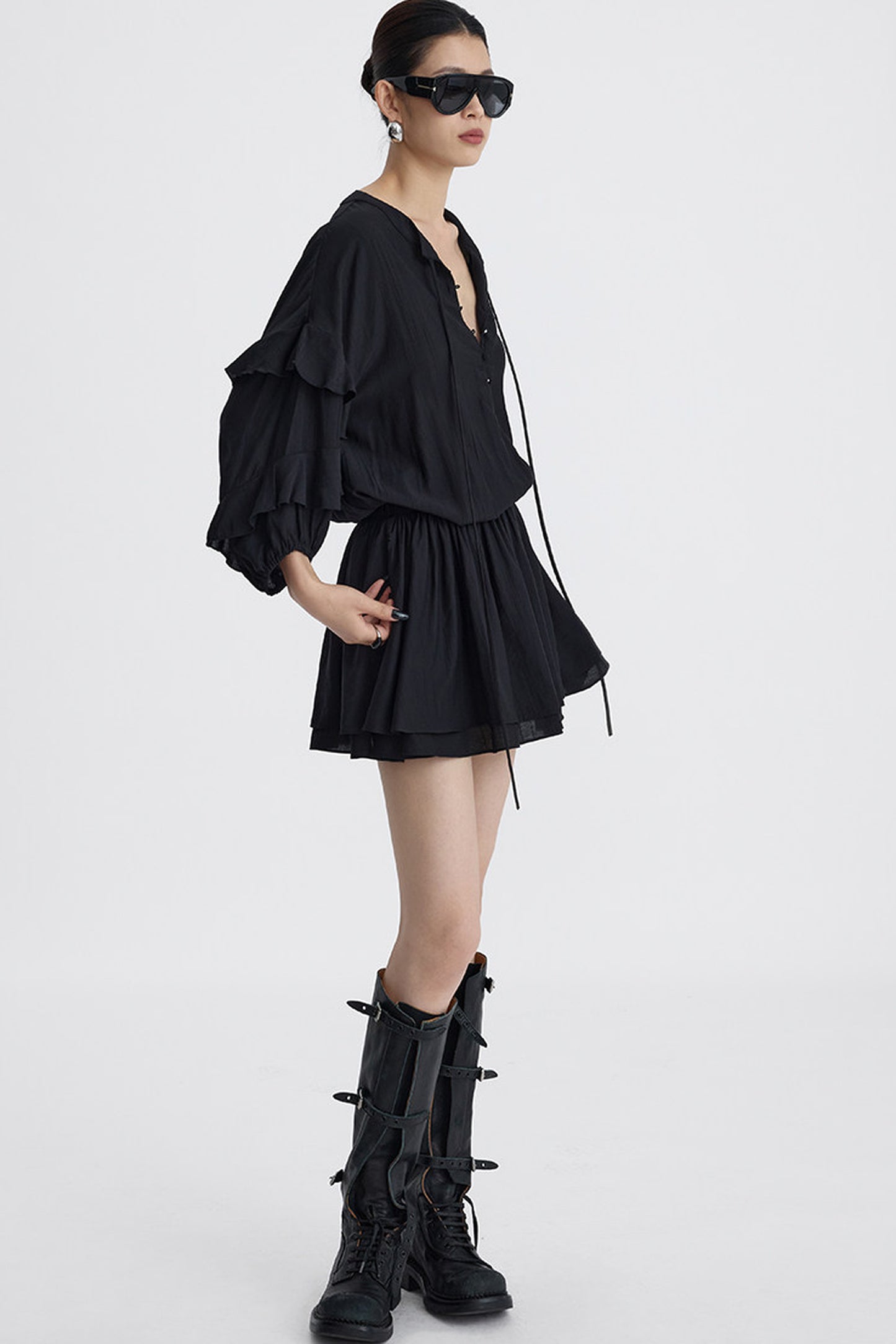 Black V-Neck Ruffle Lantern Sleeve Dress