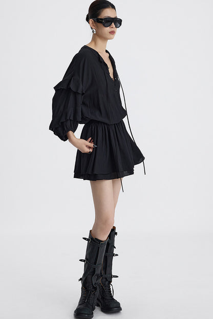 Black V-Neck Ruffle Lantern Sleeve Dress