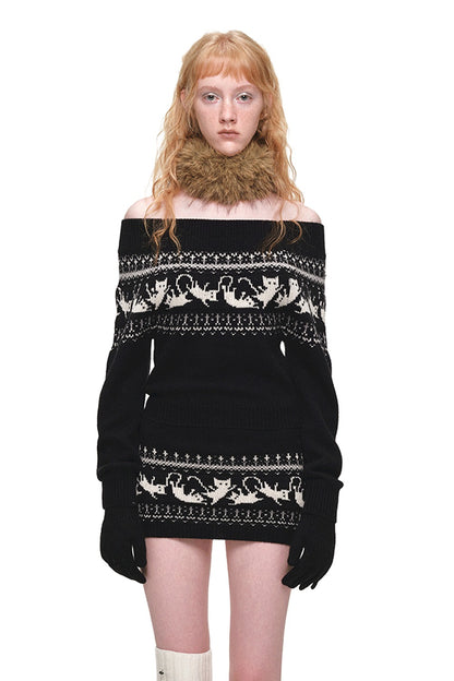 Fair-Isle-Jacquard-Set aus Katzen-Pullover, Strickjacke und Rock