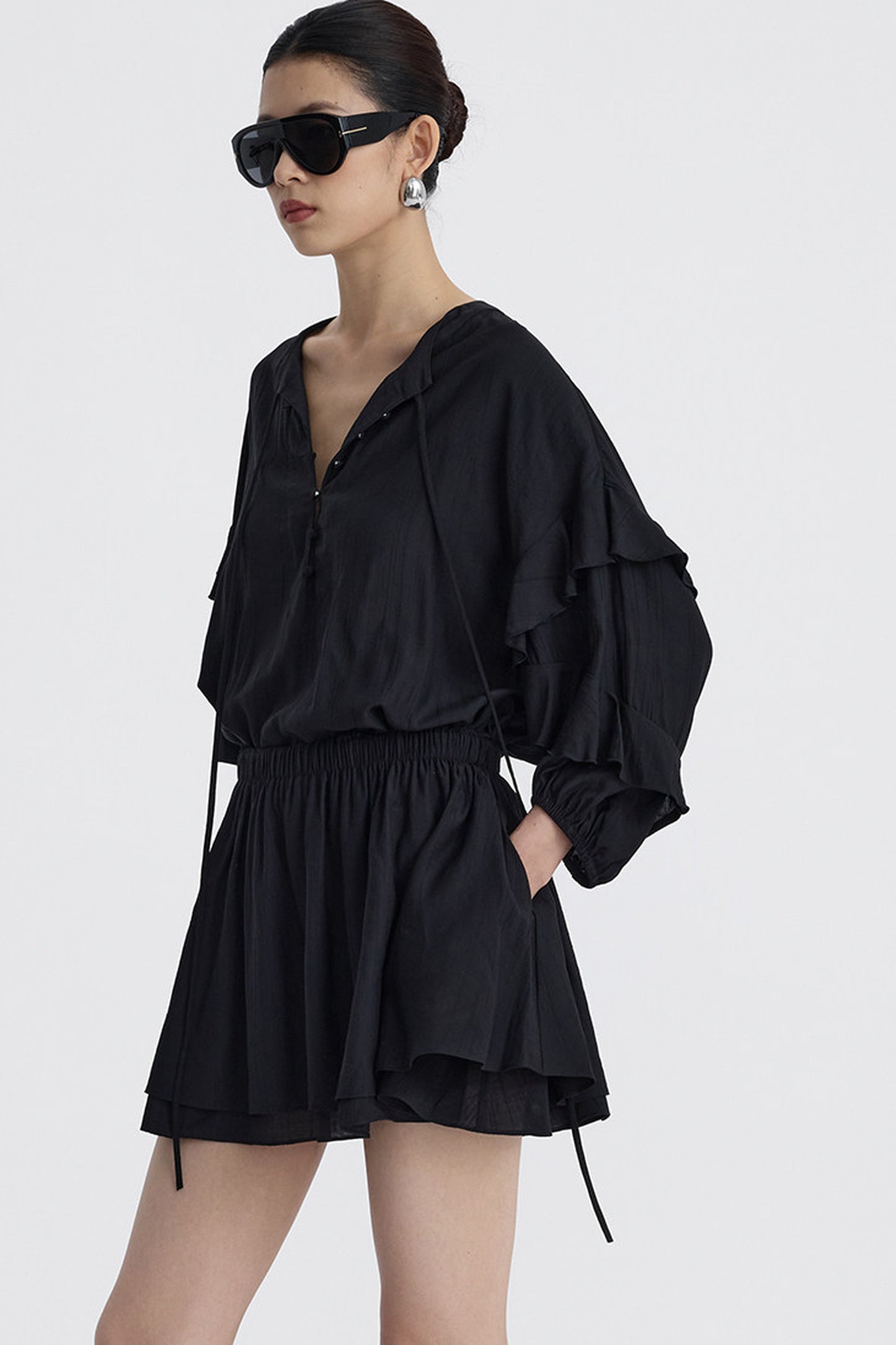 Black V-Neck Ruffle Lantern Sleeve Dress
