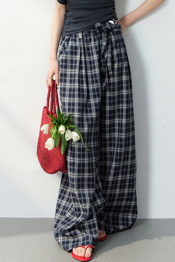 Navy Blue Plaid Wide-Leg Pants