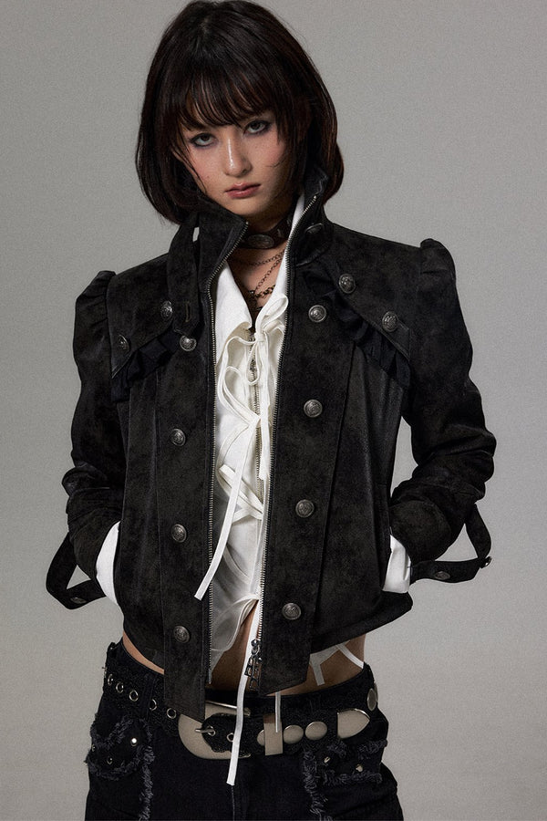 Double-Breasted Puff Sleeve Suede Jacket