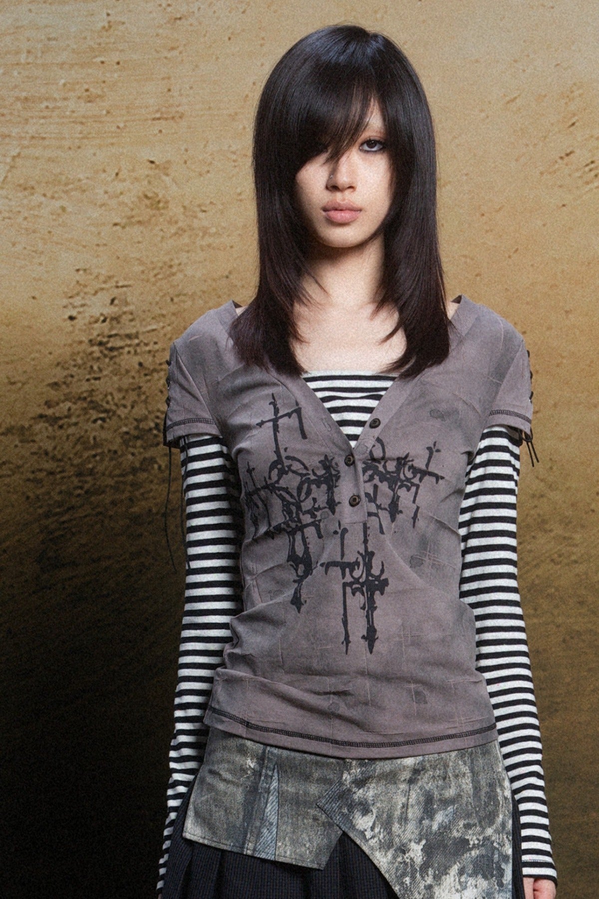 Cross Print Layered-Look V-Neck T-Shirt
