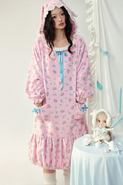 Pink Floral Flannel Ruffled Hooded Robe