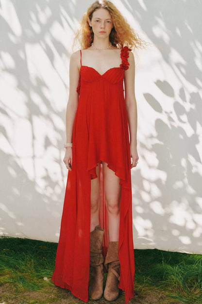 Hand-Stitched Rose Red Slip Dress