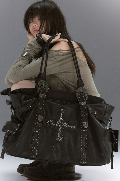 Cross Rivet Leather Shoulder Bag