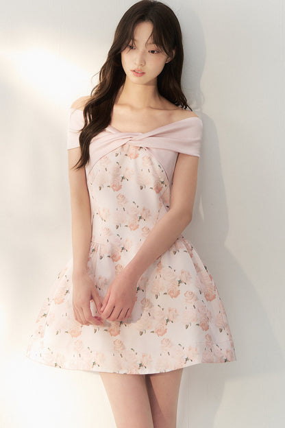 Pink Satin Rose Print Dress