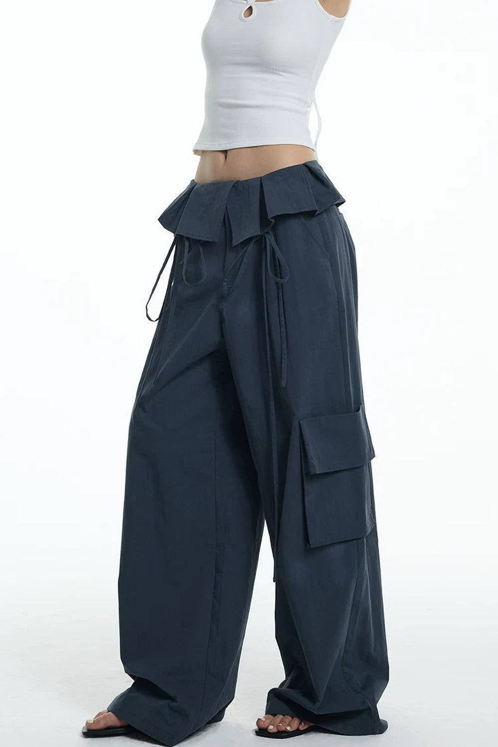 Ruffled Glacier Blue Wide-Leg Pants